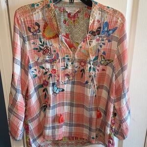 Johnny Was Pink Plaid Embroidered Blouse